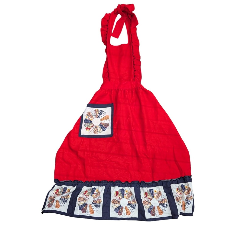 Vintage Red Ruffled Apron Dresden Plate Patchwork Floral Pocket Cottagecore